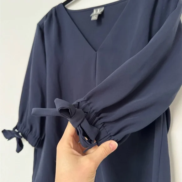 Worthington Navy V-Neck Blouse with Tie Sleeves - Picture 2 of 5